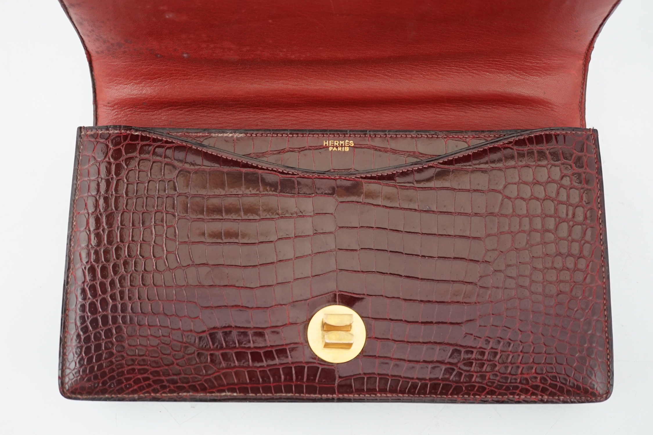 A Hermès Bordeaux crocodile top handle Sac bag, height 17cm, top of handle 31cm, width 26.5cm, depth 4cm